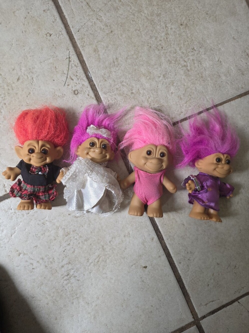 Vintage Russ Treasure Troll Dolls with Bright Pink & Purple Hair - Lot of 4